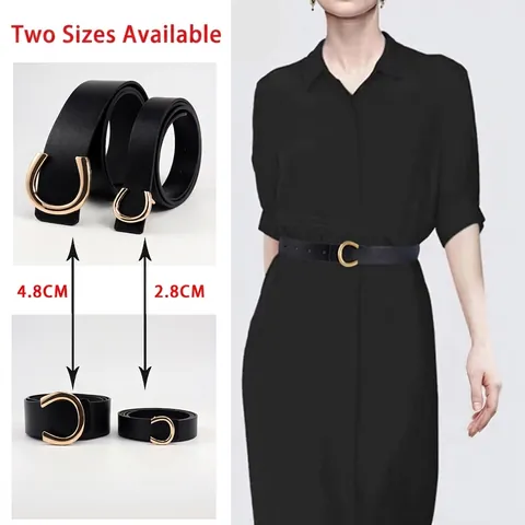 Women Fashion PU Leather Belt Geometric C-shape Metal Buckle Waist Strap For Dress Shirt Solid Color Ladies Accessories