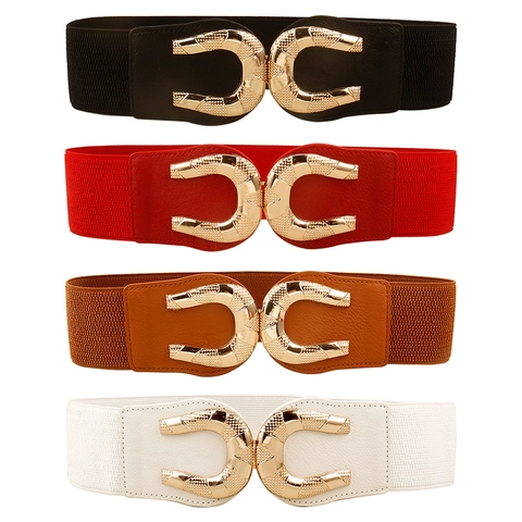 Women Elastic Waist Belt PU Leather Wide Corset Belt With Horseshoe Alloy Buckle Solid Color Stretchy Waistband For Dress