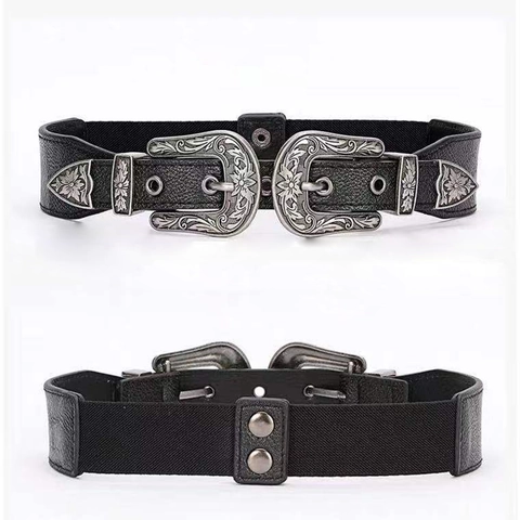 Cintura da Donna Western Vintage con Doppia Fibbia Motivo Intagliato Retro Cinturino Corsetto in Pelle PU Elastica Decorativa