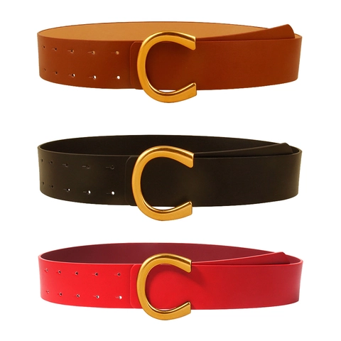 Women Fashion PU Leather Belt Geometric C-shape Metal Buckle Waist Strap For Dress Shirt Solid Color Ladies Accessories