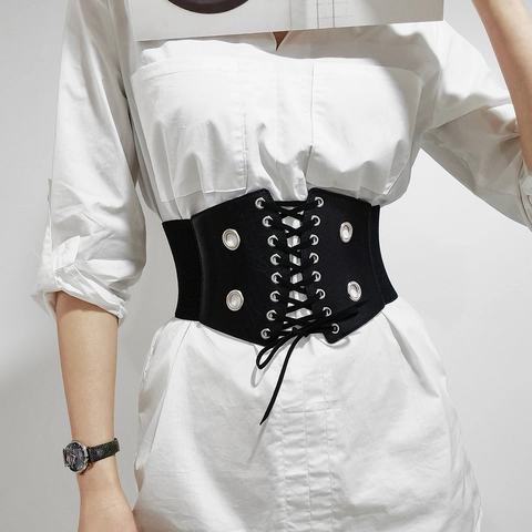 Cintura a Corsetto Stringata Retrò Gotica per Donna in Ecopelle Elastica Nero Stile Punk Accessorio per Abito Camicia