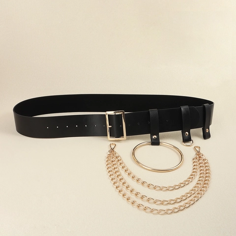 Mode Punk Breiter PU Leder Gürtel Mit Kette Großer O-Ring Dekoration Für Herren Damen Hip Hop Gothic Verstellbarer Gürtel