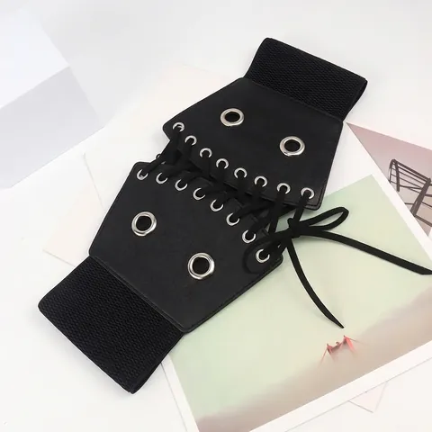 Cintura a Corsetto Stringata Retrò Gotica per Donna in Ecopelle Elastica Nero Stile Punk Accessorio per Abito Camicia