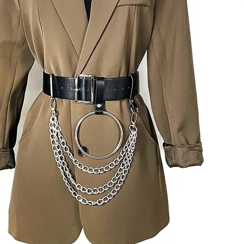 Mode Punk Breiter PU Leder Gürtel Mit Kette Großer O-Ring Dekoration Für Herren Damen Hip Hop Gothic Verstellbarer Gürtel
