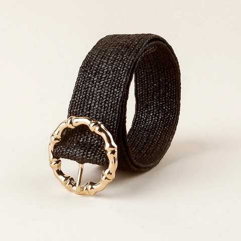Women Bohemian PP Straw Woven Belt Golden Round Bamboo Buckle Vintage Elastic Waist Band Decorative Dress Accessory Black