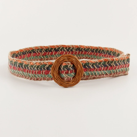 Boheems Gevlochten Riem Vrouwen Vintage Ronde Gesp Veelkleurig Wollen Garen PP Stro Zomer Etnische Stijl Riem