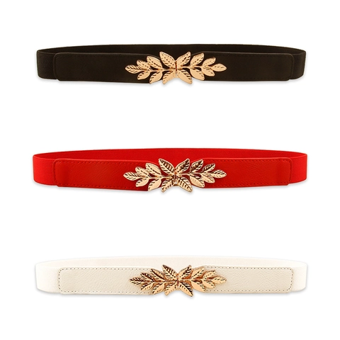 Cintura Sottile Elastica da Donna con Fibbia in Metallo a Foglia d'Oro Cintura Alta Elasticizzata per Vestiti Accessori Moda