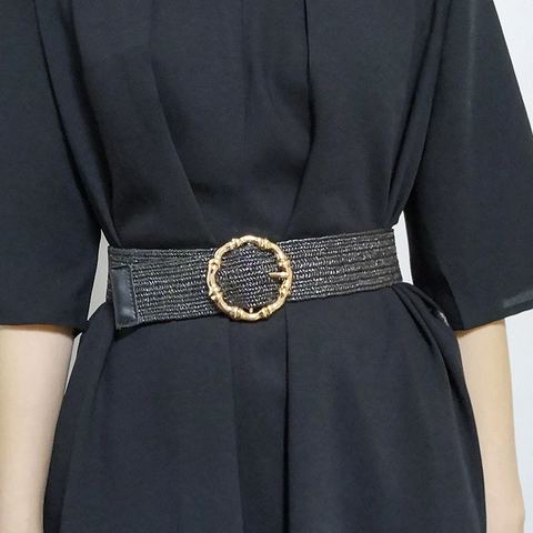 Women Bohemian PP Straw Woven Belt Golden Round Bamboo Buckle Vintage Elastic Waist Band Decorative Dress Accessory Black