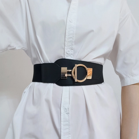 Cintura Elastica Alta da Donna in Pelle PU con Fibbia Rotonda in Metallo Oro per Vestito Completo Moda Regolabile
