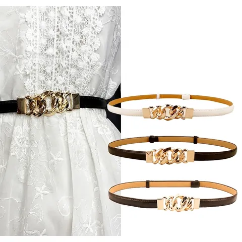 Damen Mode Skinny PU Leder Gürtel Verstellbar Ohne Lochung Dünne Taillenband Mit Gold Doppelring Legierung Schnalle Für Kleider