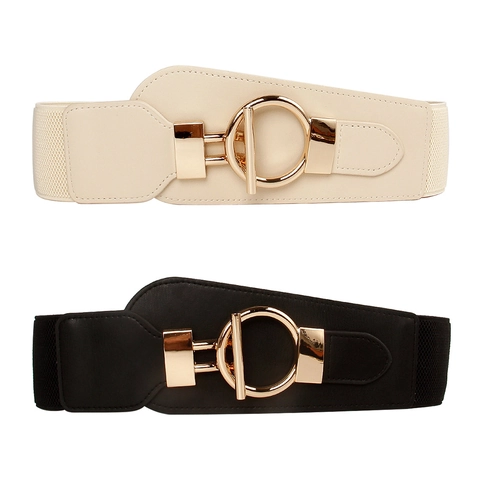 Cintura Elastica Alta da Donna in Pelle PU con Fibbia Rotonda in Metallo Oro per Vestito Completo Moda Regolabile
