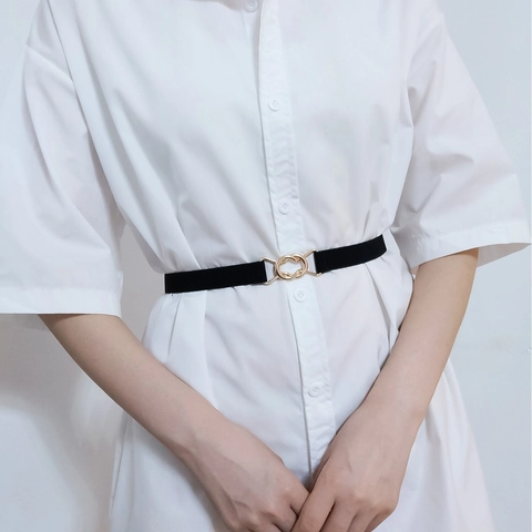 Damen Dünner Elastischer Gürtel Doppelring Interlocking Schnalle Taille Cinch Dekorativer Gürtel Für Kleider Einfarbig Mode Accessoire