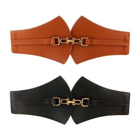 Women Wide Elastic Corset Belt PU Leather Waist Band With Golden Alloy Interlocking Buckle Scalloped Decorative Waistband For Dresses
