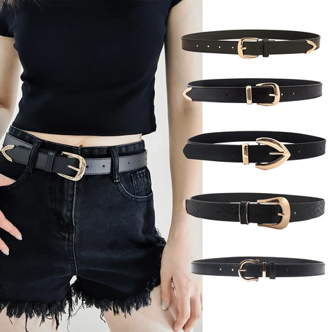 Cintura da Donna in Pelle PU Fibbia in Metallo Lega Galvanizzata Minimalista Sottile Cinturino per Jeans Casual Cintura Pendolare