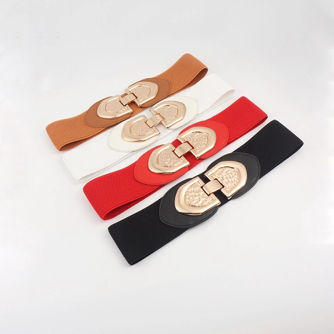 Cintura Elastica Donna Alta Fibbia a Scudo Oro Retro Pelle PU Cintura a Corsetto Larga Cintura Cinch Elastica per Abito