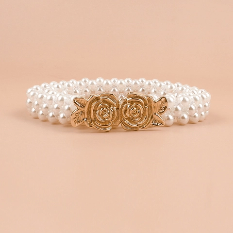 Elegant Women's Artificial Pearl Waist Chain Elastic Belt Gold Alloy Rose Flower Buckle For Dresses Wedding Party Accessories