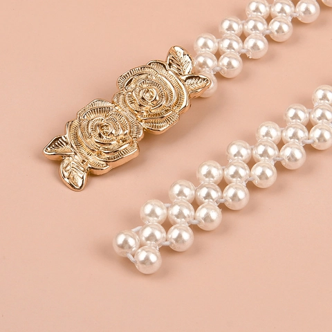 Elegant Women's Artificial Pearl Waist Chain Elastic Belt Gold Alloy Rose Flower Buckle For Dresses Wedding Party Accessories