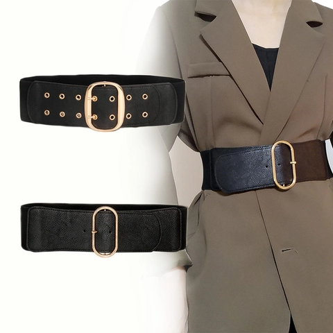 Cintura Elastica Larga da Donna in Pelle PU con Fibbia Ovale ad Ardiglione Dorata Cintura Decorativa alla Moda per Abito Completo Cappotto