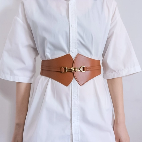 Women Wide Elastic Corset Belt PU Leather Waist Band With Golden Alloy Interlocking Buckle Scalloped Decorative Waistband For Dresses