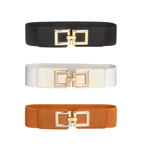 Damen Mode Elastischer Breiter Gürtel Mit Goldener Viereckiger Ineinandergreifender Schnalle High Stretch Taillengürtel Für Kleider