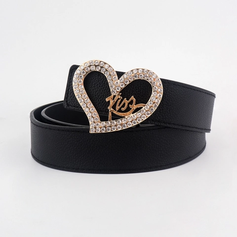 Cintura da Donna alla Moda in Pelle PU Nera Fibbia a Cuore Oro con Strass Intarsiati Cinturino Regolabile per Jeans Festa