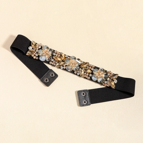 Vintage Women Floral Hand-beaded Rhinestone Corset Belt Elastic PU Leather Decorative Waist Belt For Dresses Party Accessory