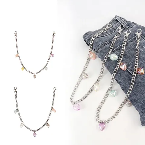 Catena per Pantaloni in Metallo Argento di Moda Con Ciondoli a Cuore Colorati per Donna Hip Hop Punk Gioielli da Vita