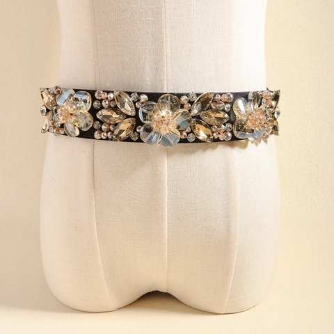 Vintage Women Floral Hand-beaded Rhinestone Corset Belt Elastic PU Leather Decorative Waist Belt For Dresses Party Accessory
