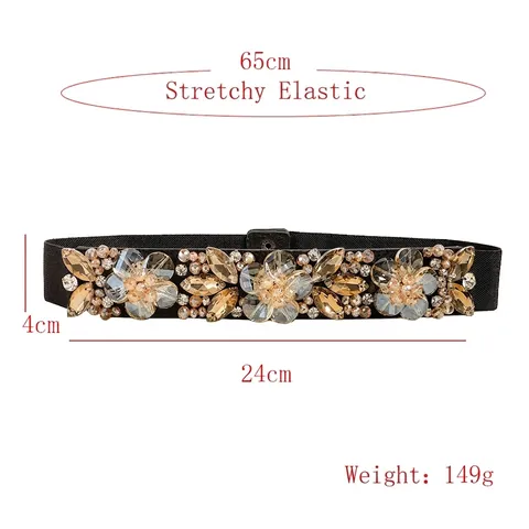 Luxury Women Elastic Waistband Rhinestone Crystal Floral Belt Vintage Black Decorative Dress Accessories For Party Wedding