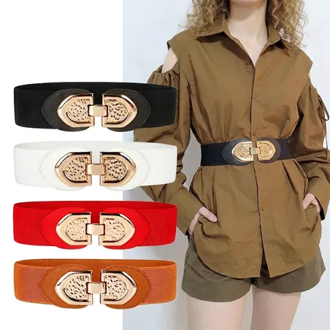 Cintura Elastica Donna Alta Fibbia a Scudo Oro Retro Pelle PU Cintura a Corsetto Larga Cintura Cinch Elastica per Abito