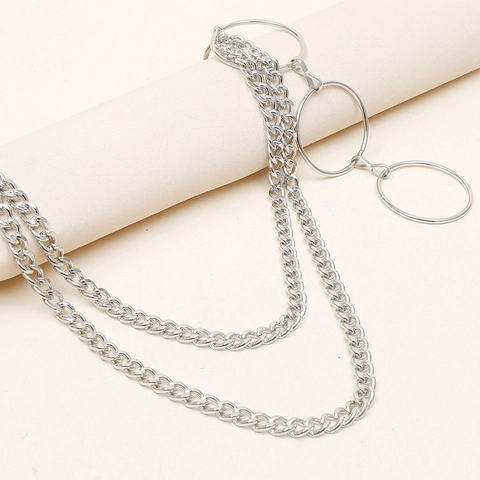 Men's Punk Double Layer Alloy Pant Chain Silver Color Round Ring Pendant Hip Hop Streetwear Wallet Belt Chain Jewelry
