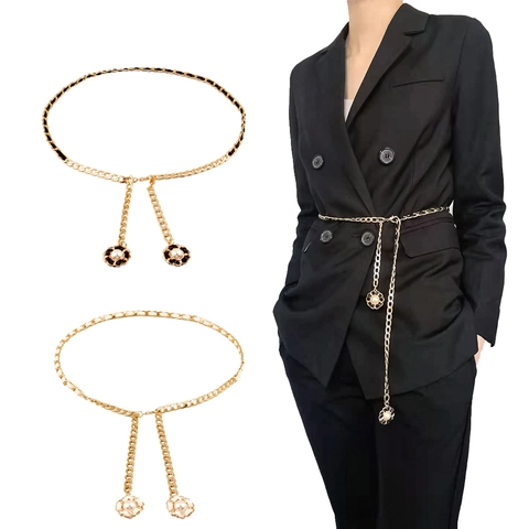 Elegante Goldene Metall Geflochtene Taillenkette Für Damen Schwarz Weiß Geflochtene Körperkette Kamelie Künstliche Perle Anhänger Verstellbar Gürtel