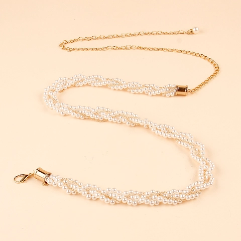 Elegante Catena da Vita con Perle Artificiali per Donna in Lega Intrecciata a Mano Cintura Regolabile Accessorio Gioiello
