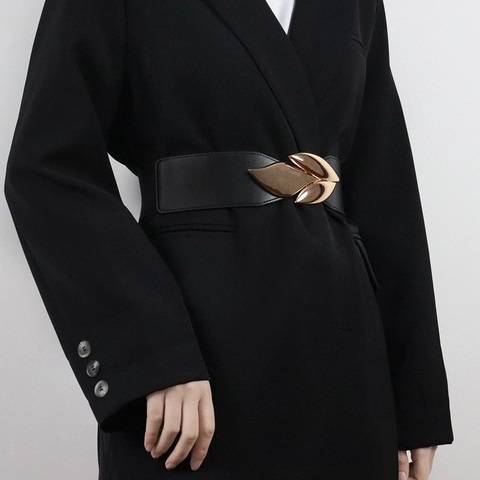 Women's Fashion Wide Elastic Belt Oversized Leaf Metal Buckle PU Leather High Stretch Waistband For Coat Dress Party Jewelry