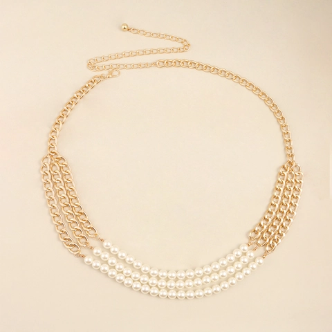 Elegante Cintura a Catena in Vita in Lega Dorata Multistrato con Perla Artificiale per Donna Accessori Decorativi per Abiti Snellenti