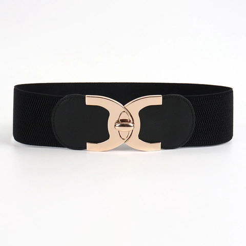 Fashion Women Elastic Wide Corset Belt PU Leather Rotating Alloy Buckle Solid Black Waist Seal Belt For Coat Dress