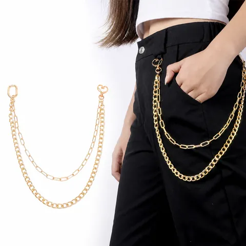 Double Layer Gold Metal Waist Chain For Women Men Punk Hip Hop Heart Buckle Decorative Pants Chain Jeans Accessories