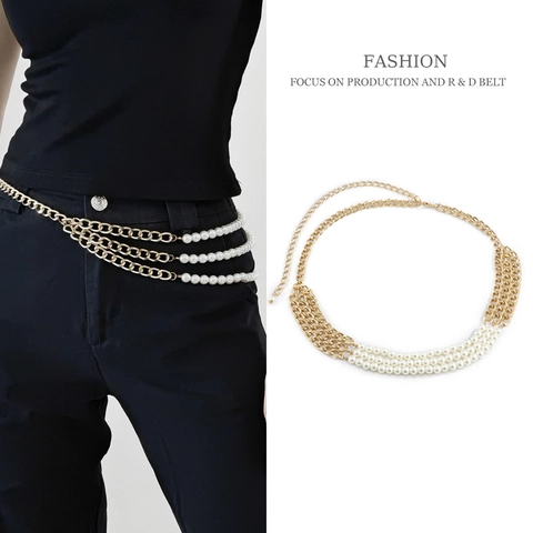 Elegante Cintura a Catena in Vita in Lega Dorata Multistrato con Perla Artificiale per Donna Accessori Decorativi per Abiti Snellenti