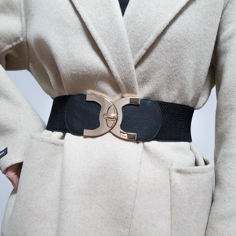 Fashion Women Elastic Wide Corset Belt PU Leather Rotating Alloy Buckle Solid Black Waist Seal Belt For Coat Dress