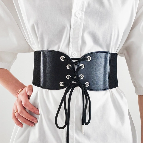 Cintura Corsetto Elastica Vintage da Donna con Lacci in Pelle PU Larga Modellante Stile Bandage Accessorio Moda Girovita