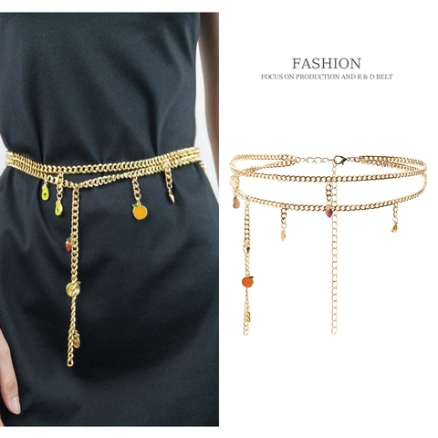 Catena in Vita a Doppio Strato da Donna alla Moda con Ciondoli in Smalto a Forma di Frutta Colorata Cintura in Metallo Oro Argento