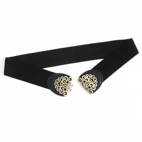 Women Vintage Elastic Waist Belt Retro Gold Engraved Filigree Buckle PU Leather Black Cinch Belt Palace Style Dress Accessory