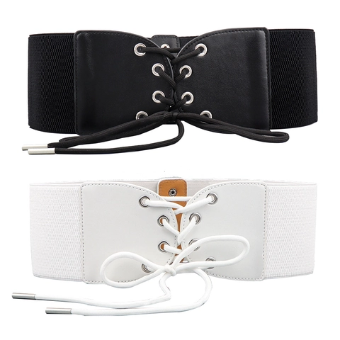 Cintura Corsetto Elastica Vintage da Donna con Lacci in Pelle PU Larga Modellante Stile Bandage Accessorio Moda Girovita