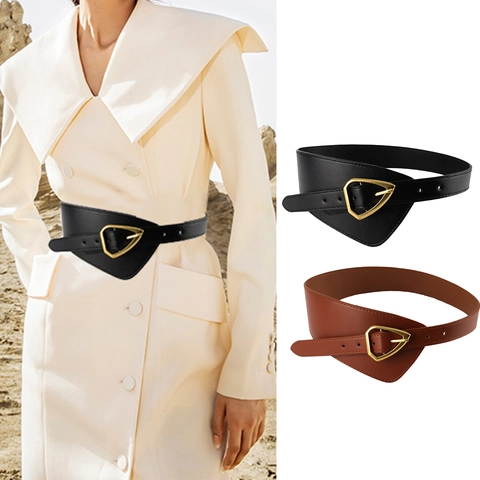 Women Fashion Wide PU Leather Corset Belt With Gold Geometric Triangle Buckle Solid Color Waist Cincher Decorative Accessory