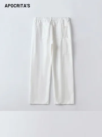 Men Loose Straight White Jeans Lyocell Cotton Blend Washed Denim Pants Minimalist Casual Solid Color Straight Leg Trousers