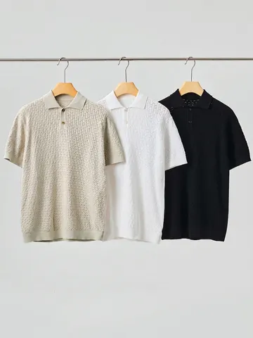 Men's Casual Knitted Cotton Polo Shirt Short Sleeve Hollow Out Textured Top Basic Solid Color Summer Polo Shirt