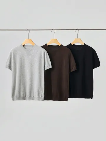 T-shirt en Tricot à Manches Courtes pour Hommes Coupe Slim Mélange de Coton Col Rond Haut Pullover Basique pour l'Été