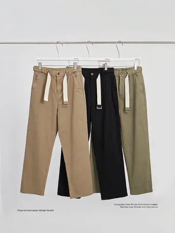 Heren Casual Wijde Broek Met Webbing Riem Hoge Dichtheid Katoenmix Rechte Pasvorm Chinos Voor Dagelijks Gebruik