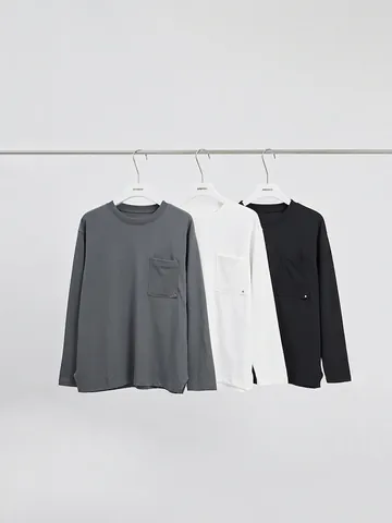 Men's Casual Cotton Polyester Long Sleeve T-Shirt Loose Fit Crew Neck Solid Color Studded Pocket Basic Autumn Tee Top
