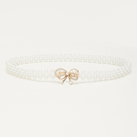 Elegante Cintura a Catena da Donna in Perle Elastiche Fibbia a Fiocco Oro Con Strass Cintura Decorativa in Perle Artificiali per Abiti